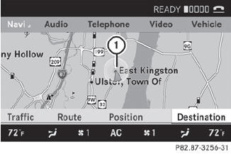 Map showing the menu; route guidance inactive