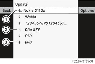 Example of display: Bluetooth telephones list