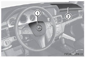 Driver's air bag 1 deploys in front of the steering wheel; front-passenger front