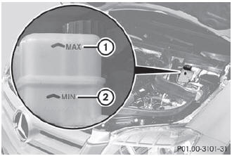 The brake fluid level is correct if it is between MIN marking 2 and MAX marking