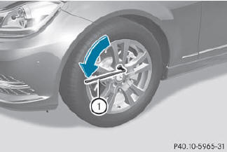 Using lug wrench 1, loosen the bolts on